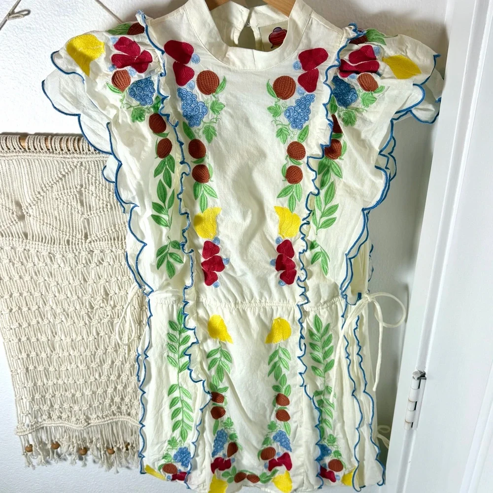 Farm Rio Anthropologie Garden Southern Cute Embroidered Cream Fruit Fern Dress S - Picture 5 of 13